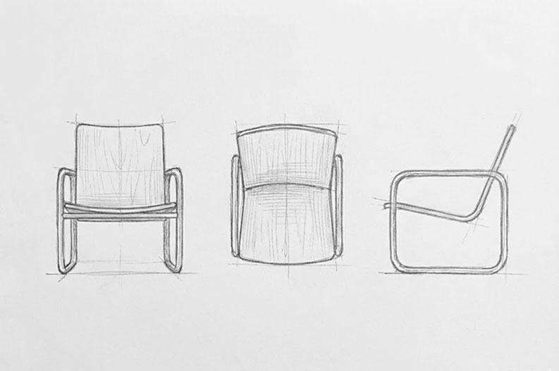 Schizzo a mano libera per progettazione sedia di design su misura
