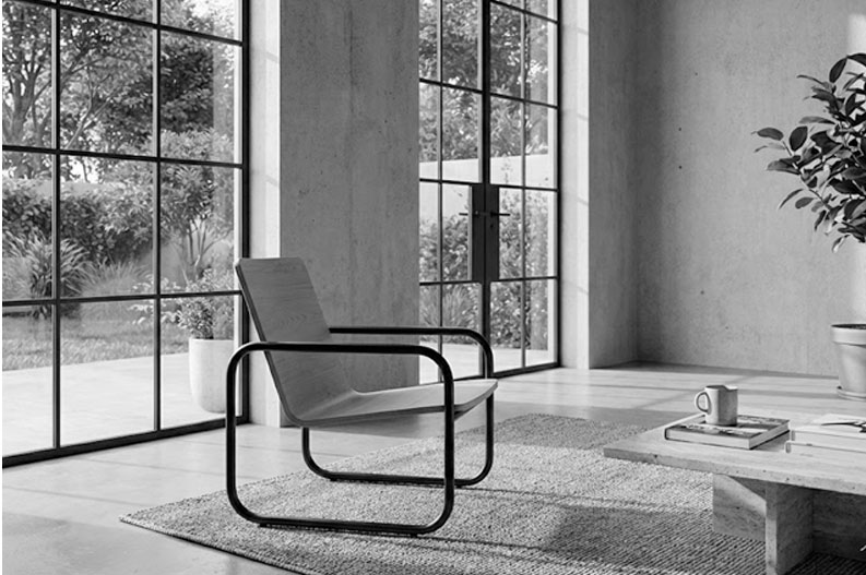 Sedia artigianale di design ambientata in soggiorno contemporaneo